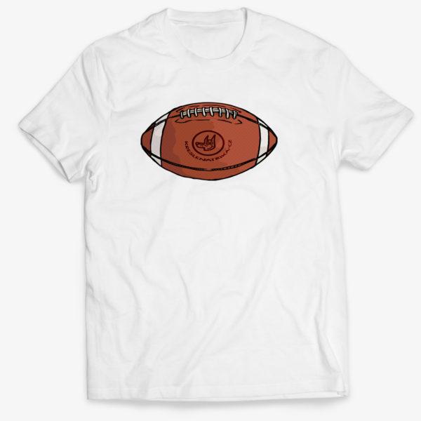 Originální bílé triko s nakresleným oválným míčem pro sportovní hru americký fotbal.