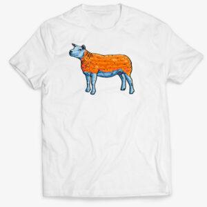 Texel veselá ovce na bílém tričku s krátkým rukávem