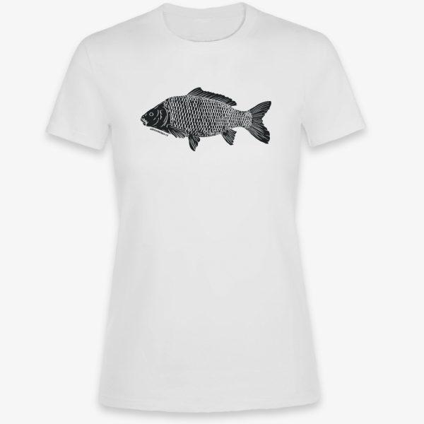 Bílé dámské triko na ryby: retro kapr