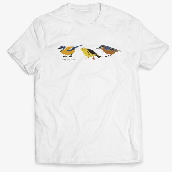 Bílé pánské triko s ptáčky: sýkorka modřinka, strnad zahradni a brhlík lesní