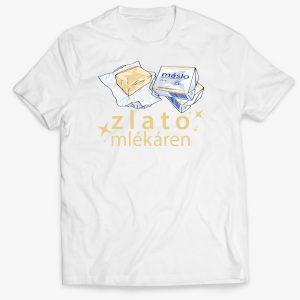 Pánské tričko s originální autorskou kresbou másla – kostka másla v obalu a rozbalené máslo. Stylový design s vtipným nadhledem na téma drahého másla.