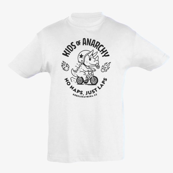Kids of Anarchy tričko s triceraptosem na koloběžce – No Naps, Just Laps – Bílá varianta pro malé dobrodruhy.