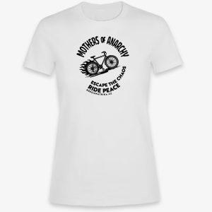 Dámské tričko Mothers of Anarchy (bílá) s potiskem hořícího kola a sloganem „Chaos? Ujíždím na kole.“