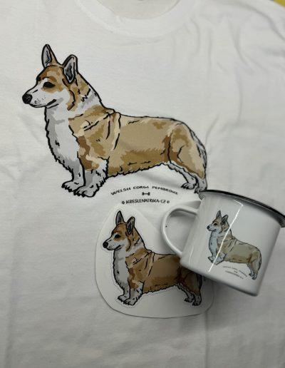 Corgi na tričku, plecháčku a samolepce