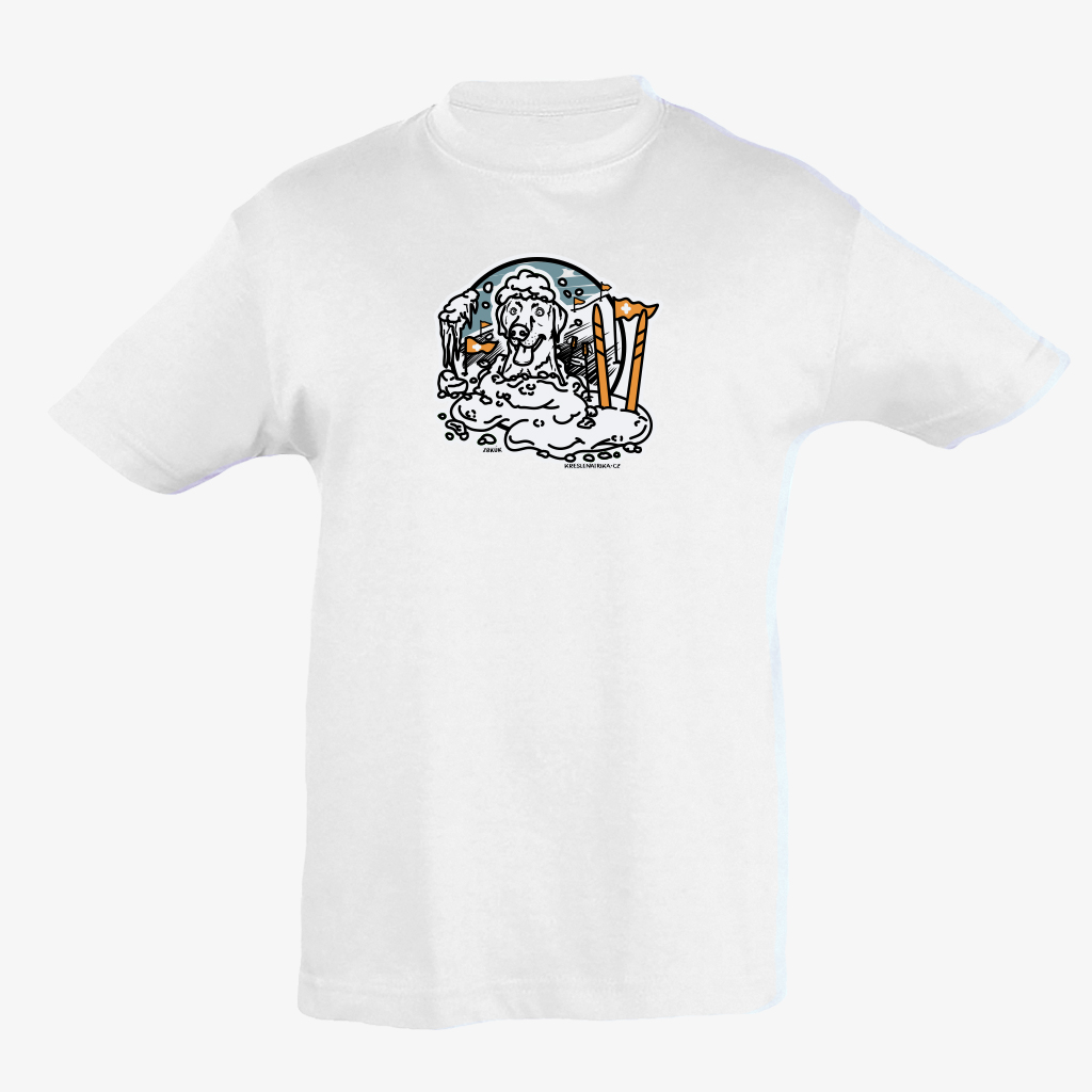 Bílé dětské tričko s labradorem ve sněhu – motiv lavinového psa