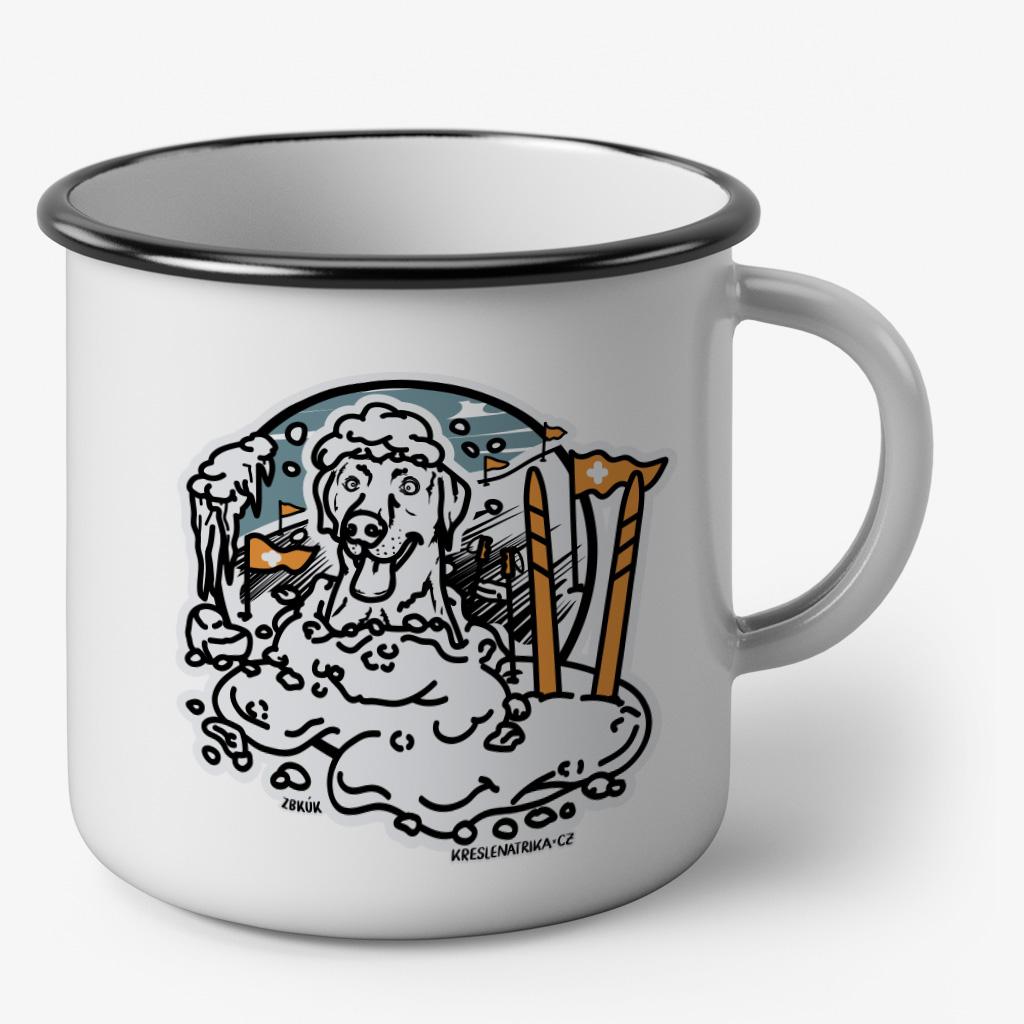 Plecháček s motivem labradora vyhledávajícího osobu pod lavinou, smaltovaný bílý hrnek s černým lemem, objem 330ml