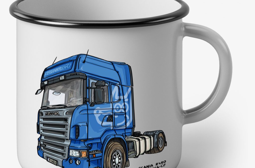 Plecháček Scania R480 – smaltovaný hrnek s tahačem