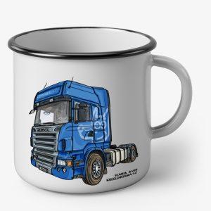 Smaltovaný plecháček s kresbou tahače Scania R480