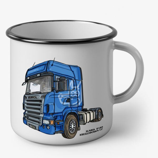 Smaltovaný plecháček s kresbou tahače Scania R480