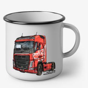 Bílý smaltovaný plecháček s černým lemem a tahačem Volvo FH 500, oboustranný potisk