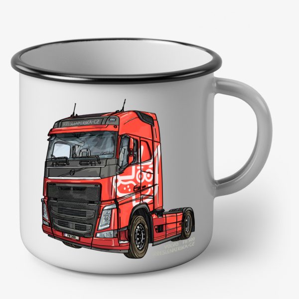 Bílý smaltovaný plecháček s černým lemem a tahačem Volvo FH 500, oboustranný potisk