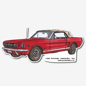 Detailní autorská samolepka Ford Mustang Convertible 1965 v červeném laku s bílou střechou a červeným interiérem, tištěná s UV laminací pro maximální odolnost.