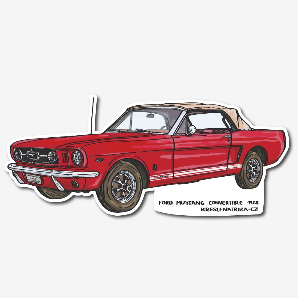 Detailní autorská samolepka Ford Mustang Convertible 1965 v červeném laku s bílou střechou a červeným interiérem, tištěná s UV laminací pro maximální odolnost.