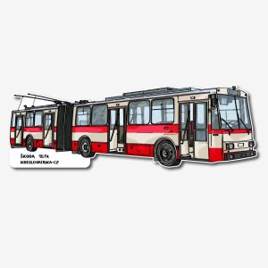 Detailní UV samolepka s autorskou kresbou kloubového trolejbusu Škoda 15Tr – odolná, barevná a připravená na cesty.