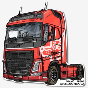Detailní UV nálepka dálkového tahače Volvo FH500 v červeném laku – autorská kresba na odolném polymeru s UV laminací.