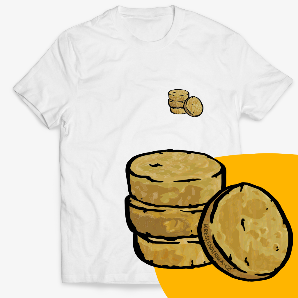 Bílé pánské tričko s kresbou tvarůžků z Loštic na srdci – hlavní produktový mockup