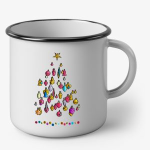 Bílý vánoční plecháček s retro ozdobami a černým lemem