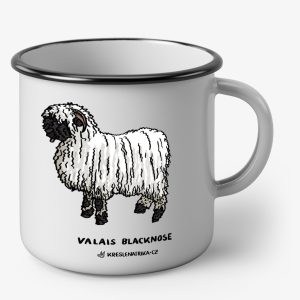 Bílý smaltovaný plecháček s vektorovou kresbou walliské černonosé ovce a ručně psaným nápisem Valais Blacknose