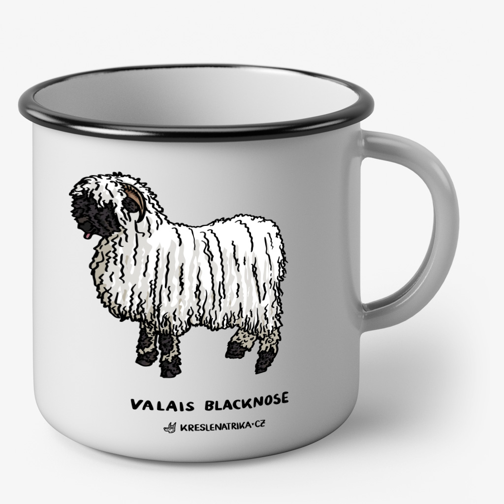 Bílý smaltovaný plecháček s vektorovou kresbou walliské černonosé ovce a ručně psaným nápisem Valais Blacknose