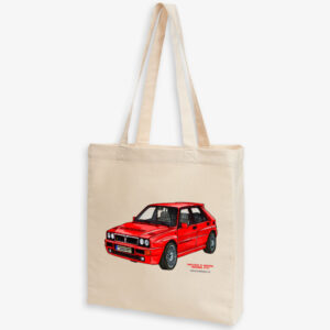 Prémiová plátěná taška s autorskou vektorovou kresbou vozu Lancia Delta HF integrale evoluzione 1991 v červené barvě
