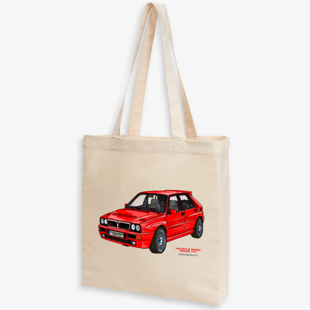 Prémiová plátěná taška s autorskou vektorovou kresbou vozu Lancia Delta HF integrale evoluzione 1991 v červené barvě