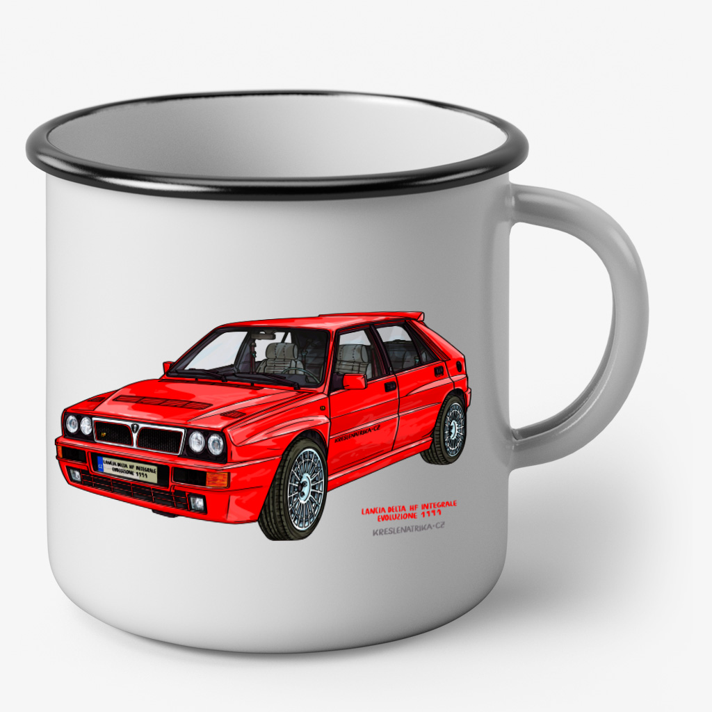 Smaltovaný hrnek s autorskou kresbou vozu Lancia Delta HF integrale evoluzione 1991 v červené barvě