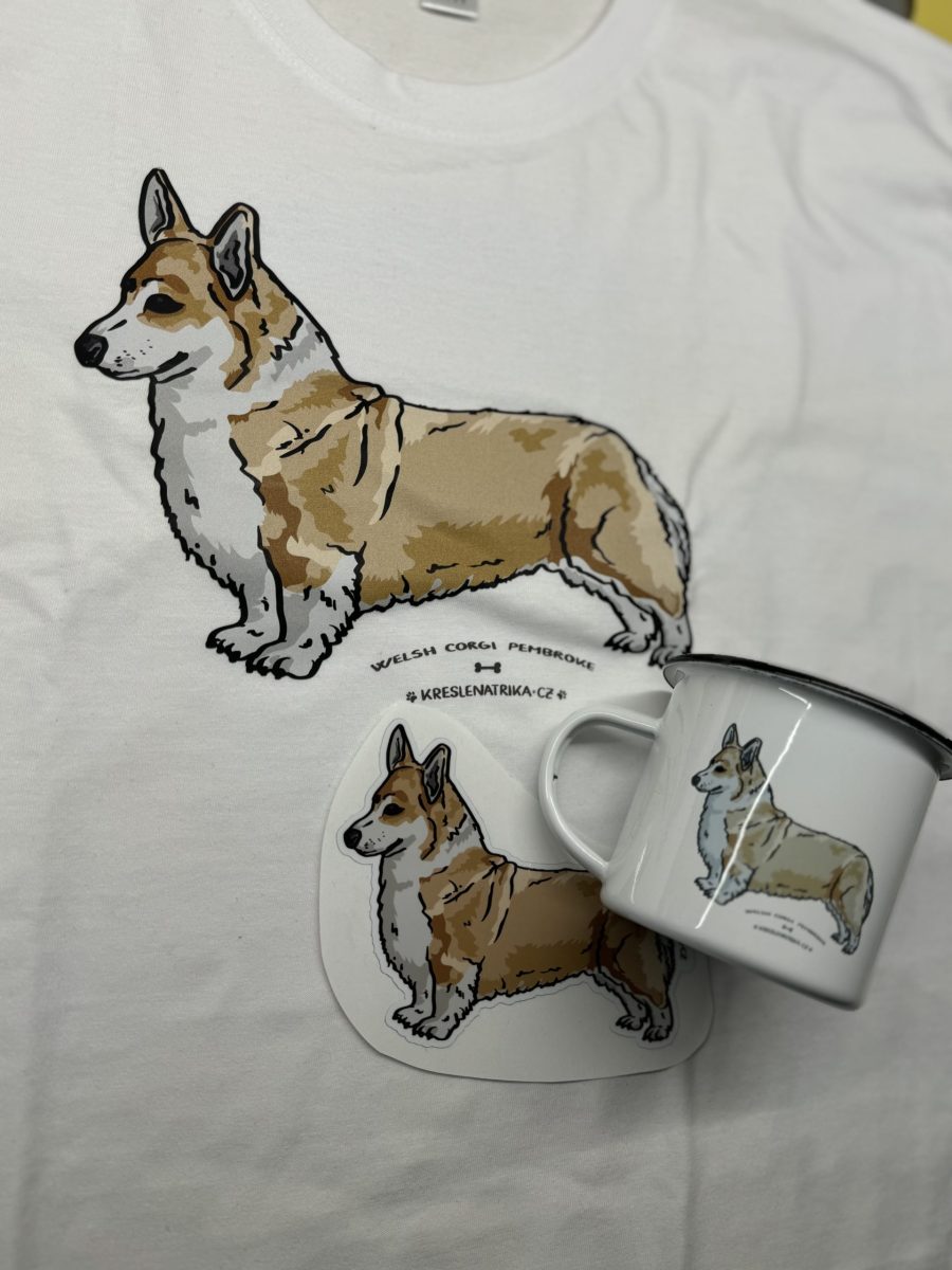Krásný dárkový balíček: corgi na tričku, plecháčku a samolepce -