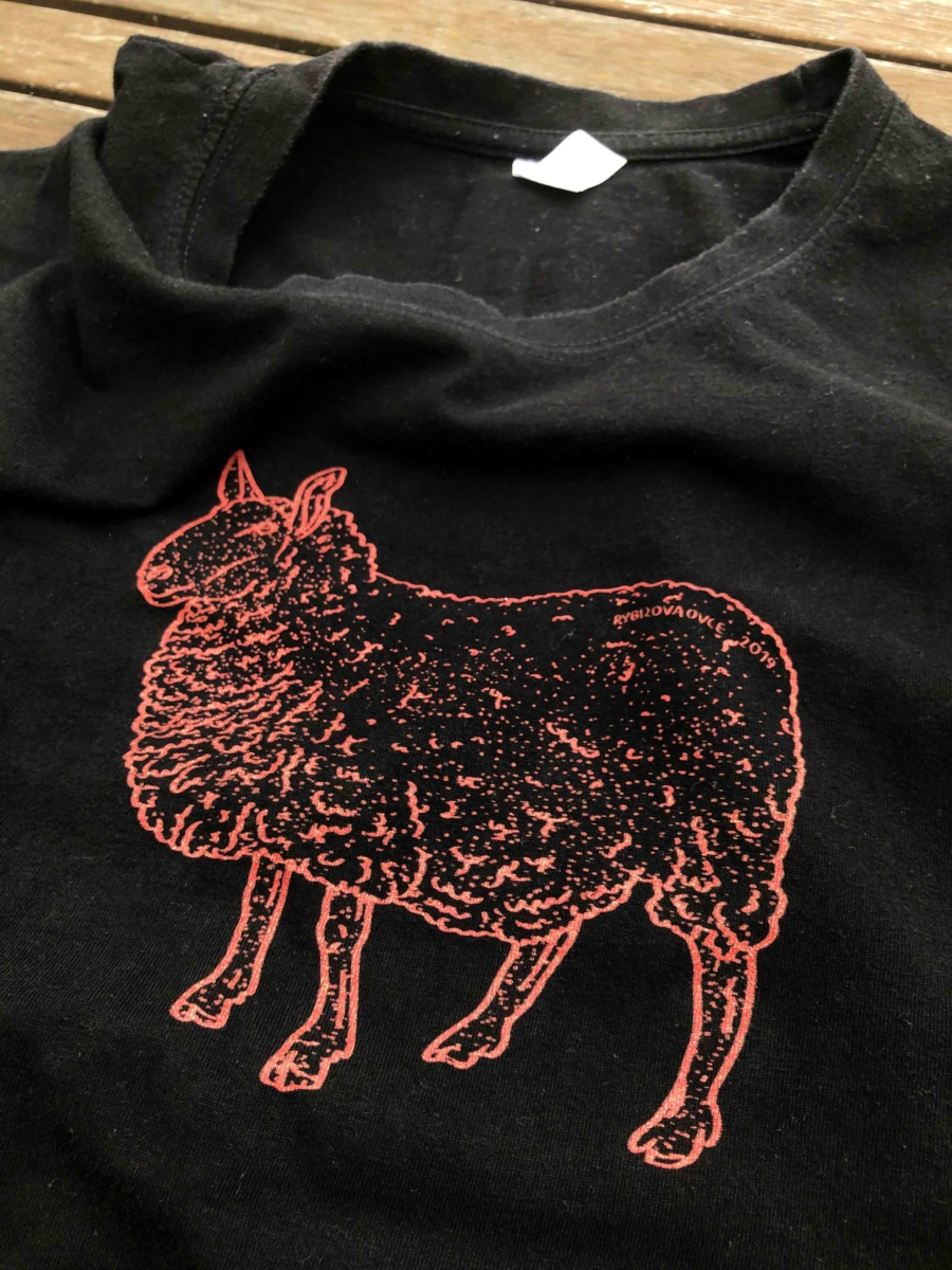 Tričko s červenou ovcí vytištěnou digitálním potiskem. Stav trička po roce a půl nošení. 