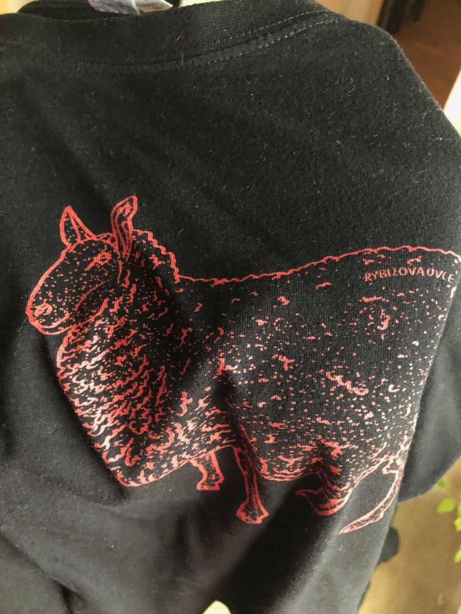 Detail trička s čerevnou ovcí. Vytištěné digitálním tiskem.